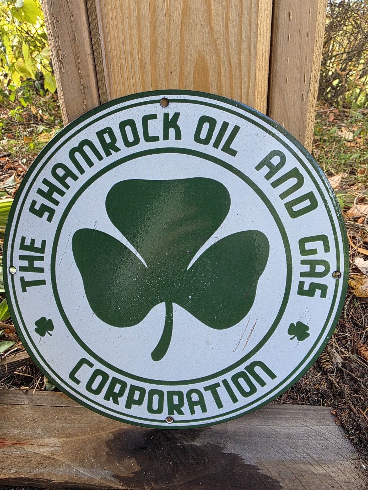 VINTAGE SHAMROCK PORCELAIN SIGN MOTOR OIL SERVICE GAS STATION IRISH LUCKY CLOVER