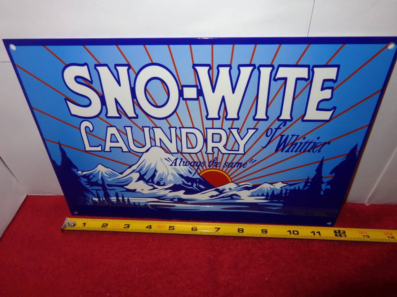 12 x 8 in SNO-WITE LAUNDRY WHITTIER ADVERTISING SIGN HEAVY DIE CUT METAL # S 76