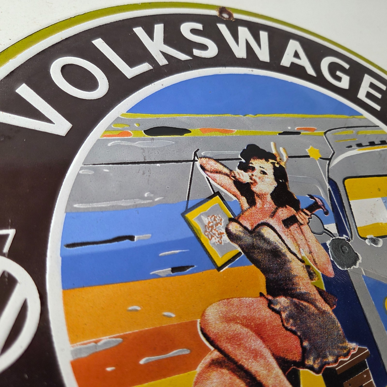 Vintage Volkswagen Sign – Sales Dealership VW Automobile Gas Pump Porcelain Sign