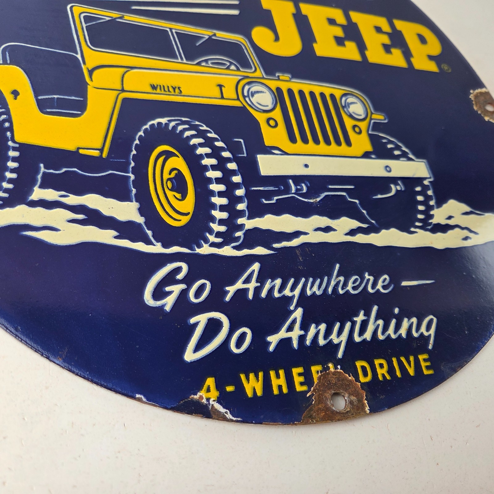 Vintage Willys Overland Jeep Vehicles Sign – Go Anywhere Gas Pump Porcelain Sign
