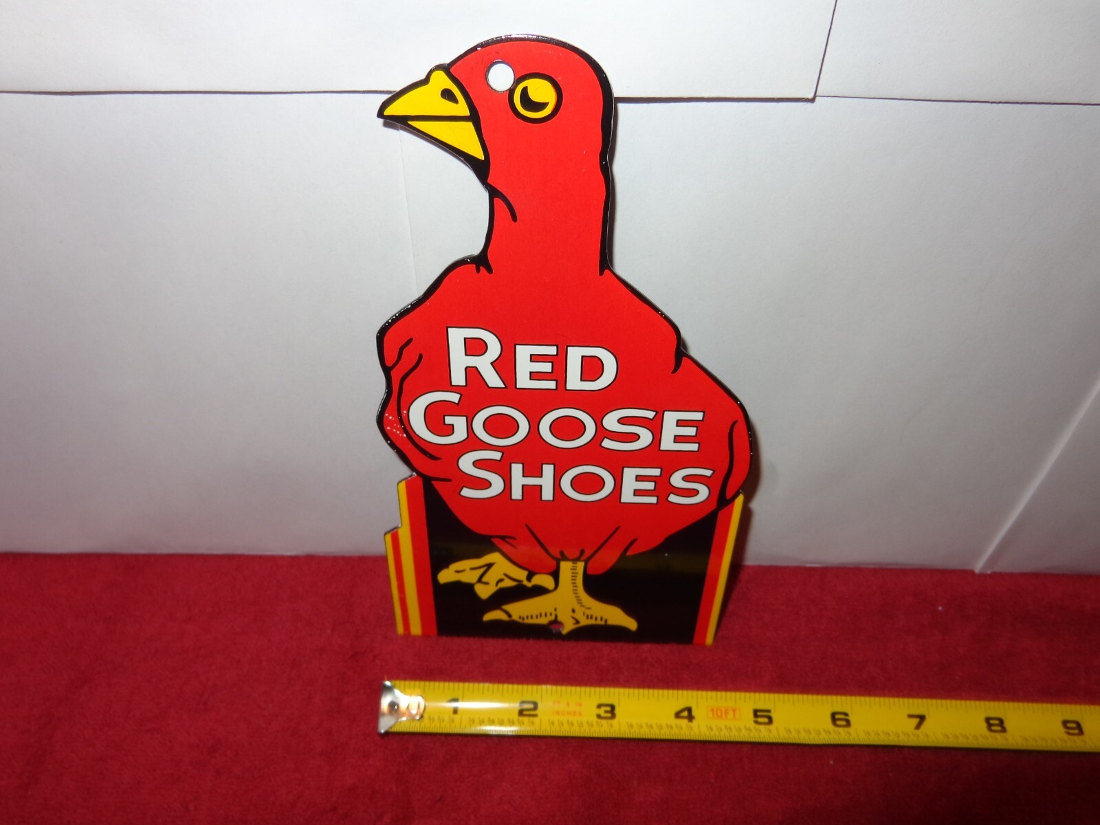 4 1/2 x 7 3/4 in RED GOOSE SHOES ADV. SIGN DIE CUT HEAVY METAL PORCELAIN # Z 129