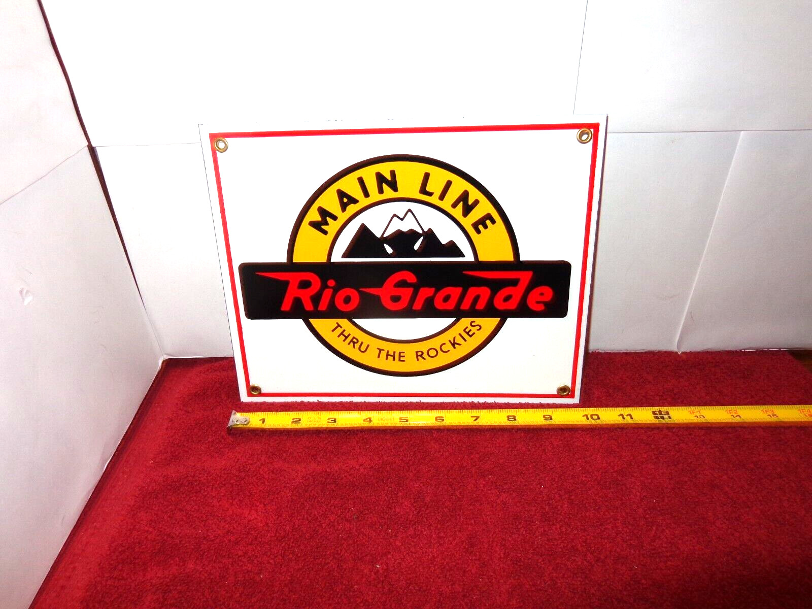 10 x 8 in MAIN LINE RIO GRANDE RAIL ROAD ADV. SIGN HEAVY DIE CUT METAL -S 336