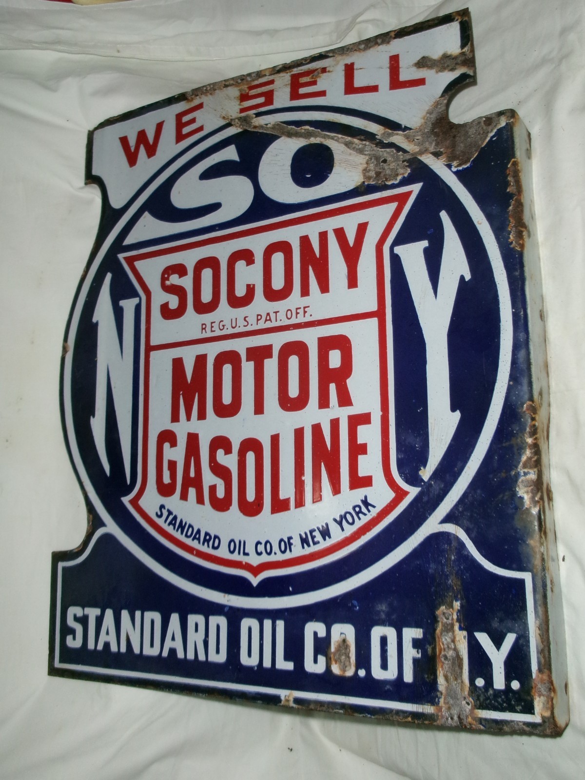 ANTIQUE DBL. PORCELAIN SIGN SOCONY MOTOR GASOLINE STANDARD OIL CO. N.Y. MAN TOOL