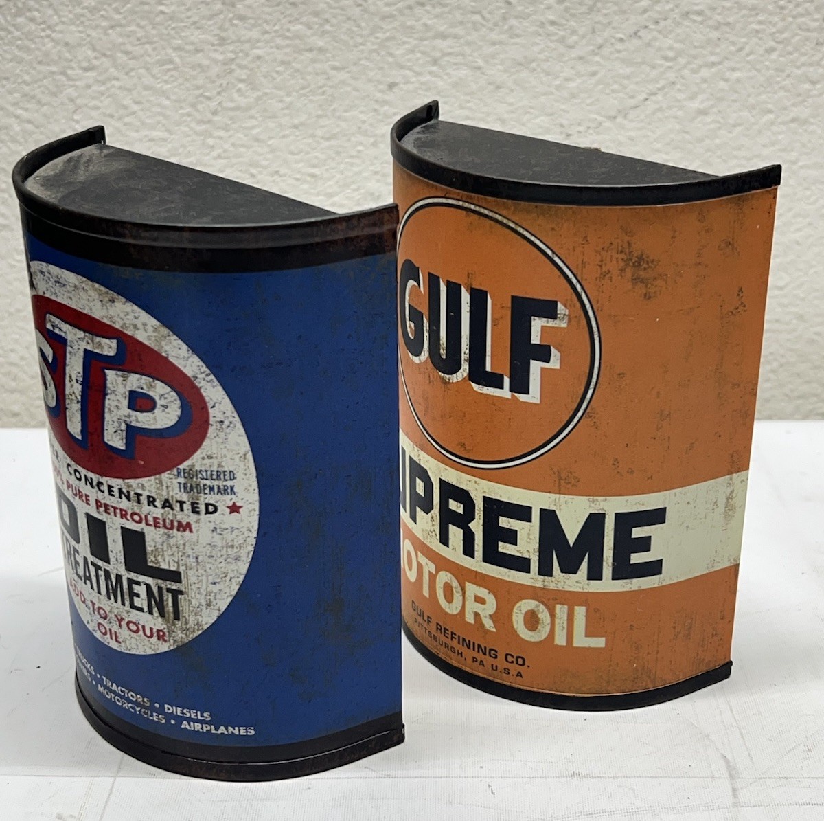 Retro Gulf Supreme & STP Motor Oil Metal Can Wall Sign Decor By Open Road