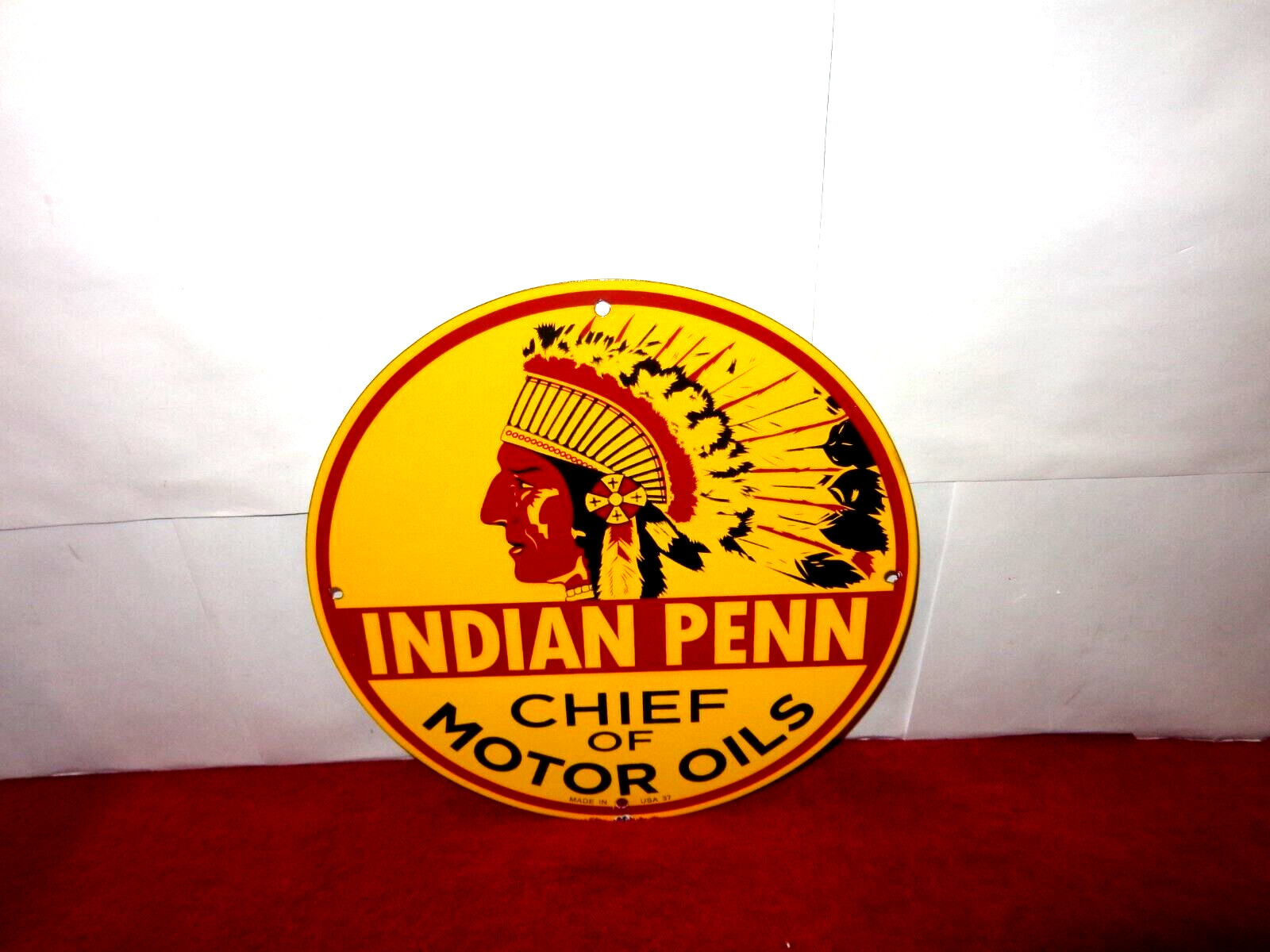 11 5/8 in INDIAN PENN CHIEF OF MOTOR OILS ADV SIGN HEAVY METAL PORCELAIN -S 340B
