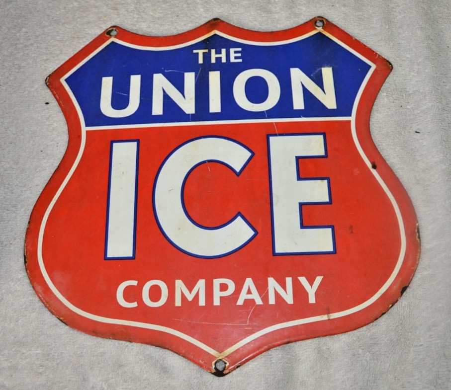 12″ UNION ICE COMPANY SHIELD ADV. SIGN HEAVY DIE CUT METAL PORCELAIN
