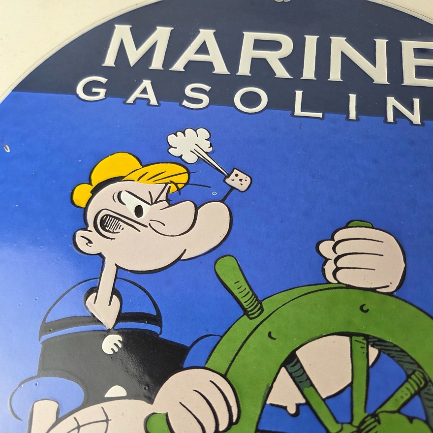 Vintage Marine Gasoline Sign – Popeye Sailor Porcelain Enamel Gas Oil Pump Sign
