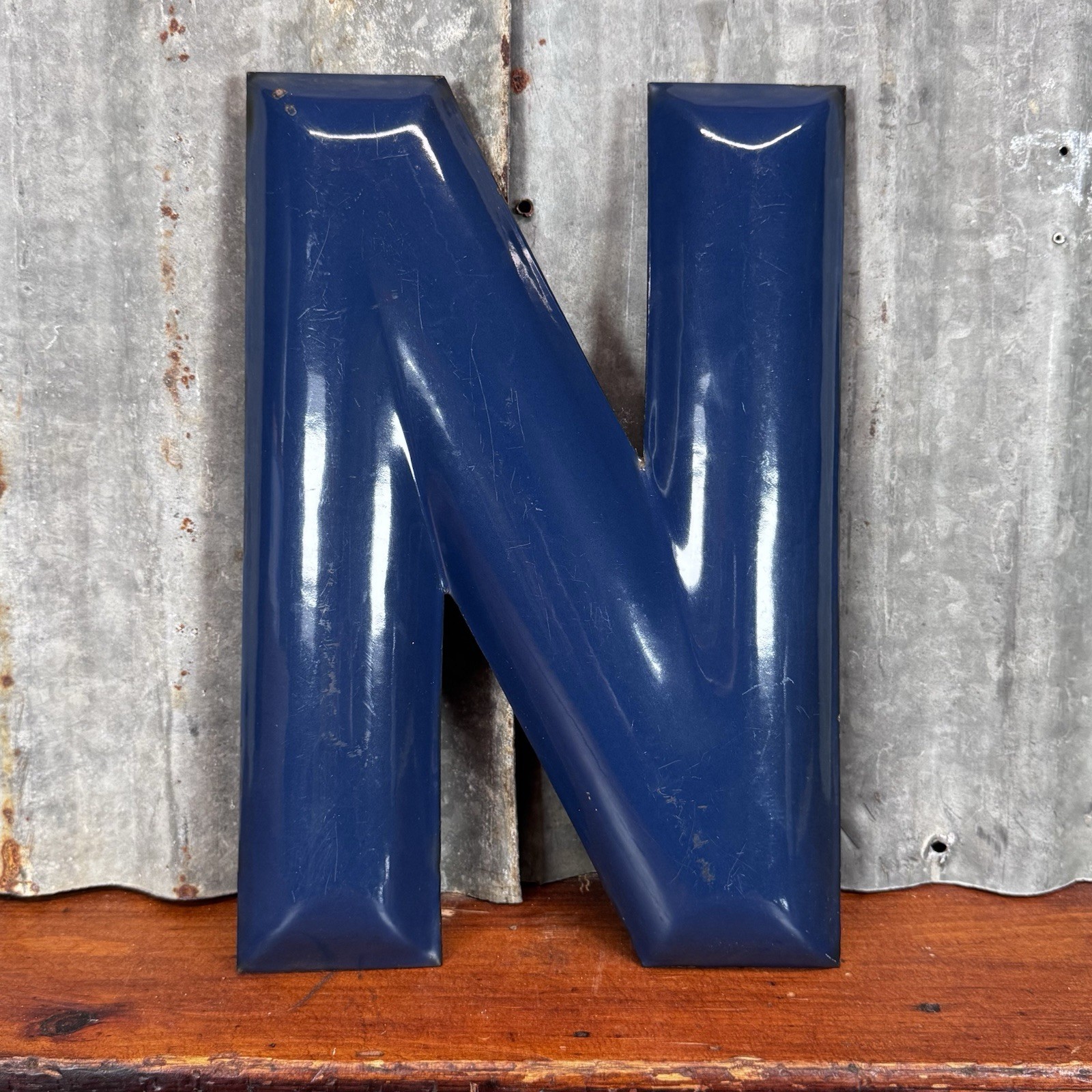 Vintage 13” Letter N SIGN Blue Porcelain Gas Station Shop Advertising Can Oil