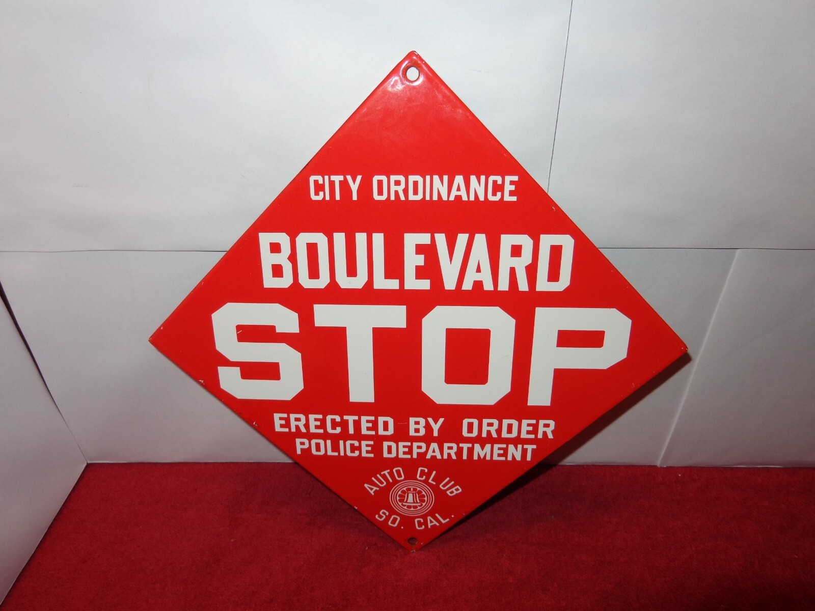 11 1/2 x 11 1/2 in STOP AUTO CLUB SO. CAL. SIGN HEAVY METAL PORCELAIN #Z 140