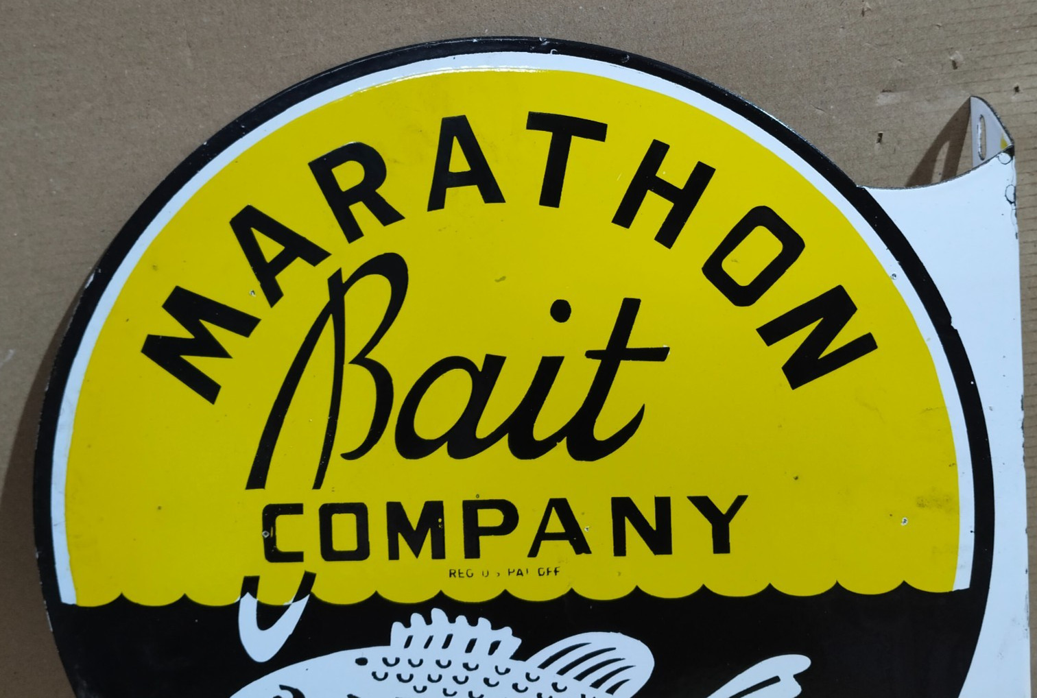 Marathon Bait Company Porcelain Enamel Sign 19.5 x 17 Inches 2 Sided