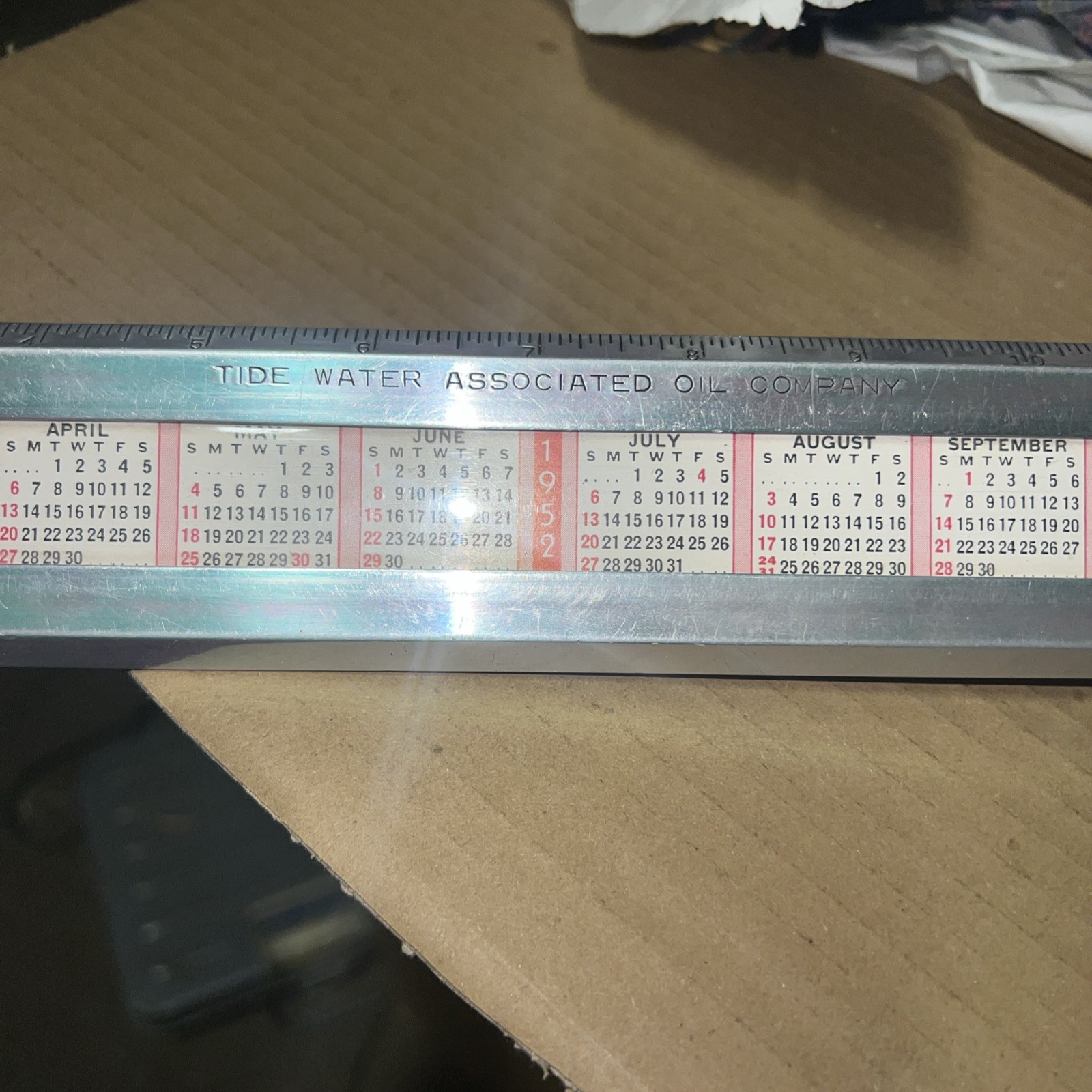 vintage tide water associated oil company desk ruler & calendar 1952-56 – 14” L
