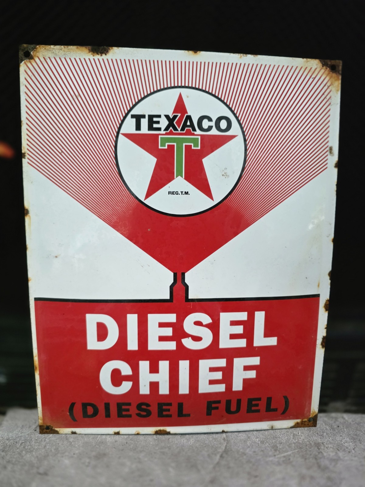 VINTAGE OLD TEXACO DIESEL CHIEF PORCELAIN GAS STATION PUMP SIGN 12.7″ x 16.5″