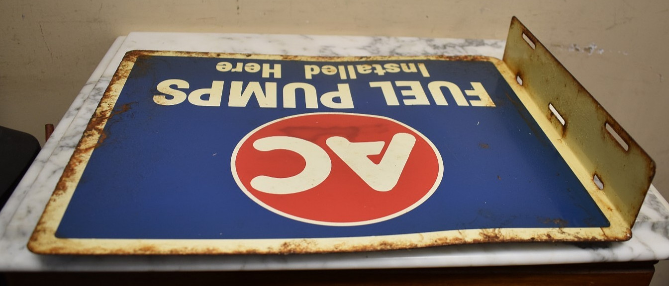 Barn Found Vintage AC Fuel Pumps Installed Here Tin Flange Advertising Sign. NOS