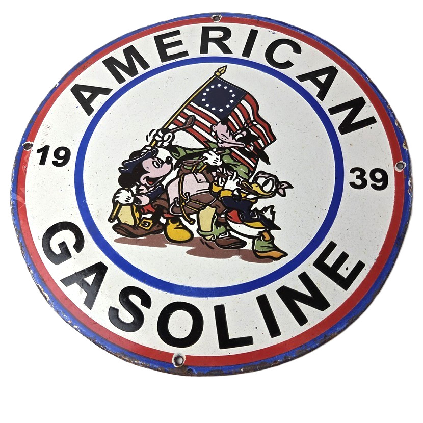 Vintage American Gasoline Porcelain Sign – Mickey Goofy USA Gas Pump Plate Sign