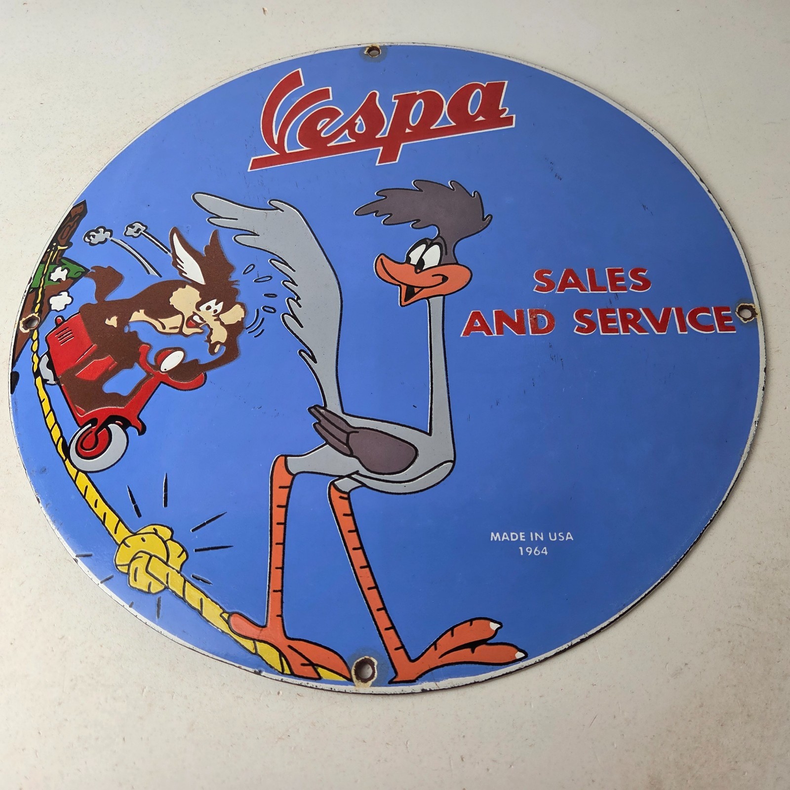 Vintage Vespa Sign – Road Runner Bike Gas Pump Service Station Porcelain Sign