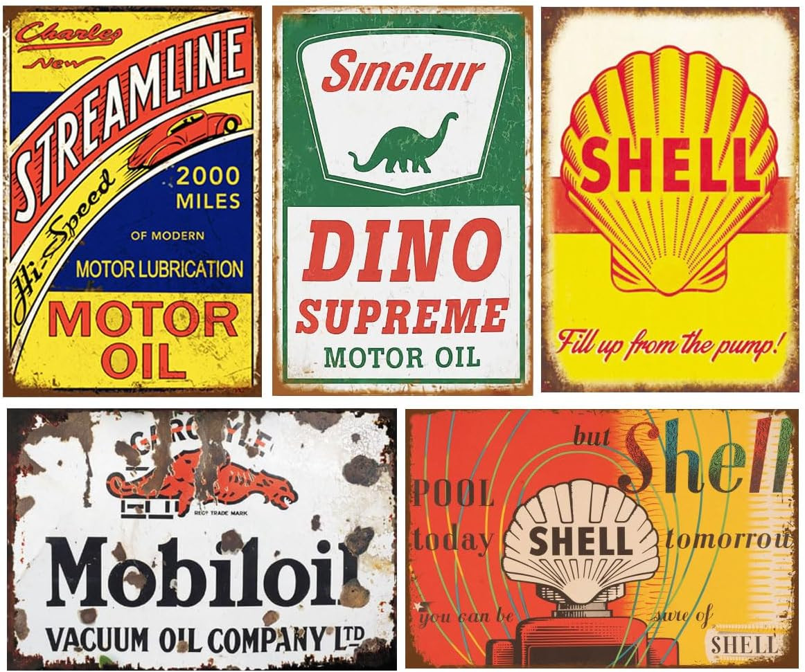 Reproduced Vintage Tin Sign Pack, Gas Oil Retro Advert Antique Metal Signs for G