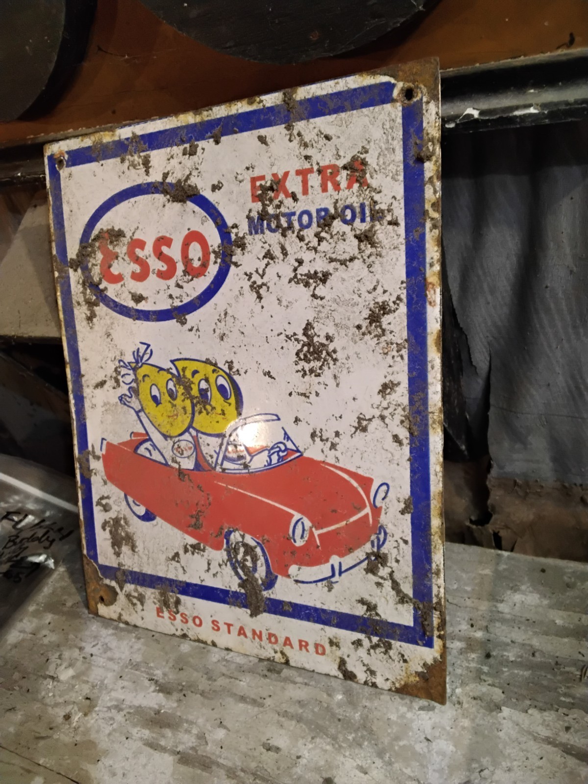 Porcelain Esso Car Drops Logo Sign Approx 10″x8″ Inches Over Steel Used Rust