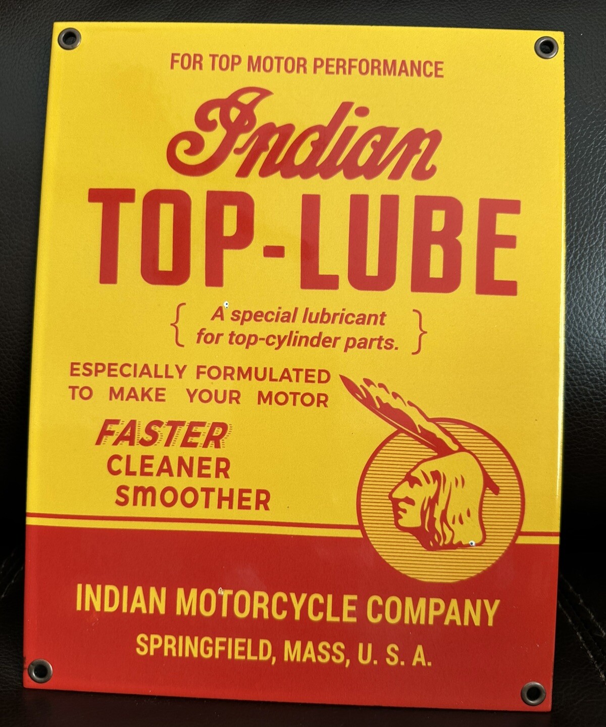 Indian Motorcycle Top-Lube Porcelain Sign Gas Oil Garage Vintage