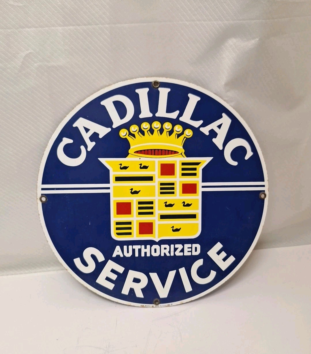 Vintage Cadillac Service Rustic Porcelain Enameled Metal Sign 11 1/4″ Round