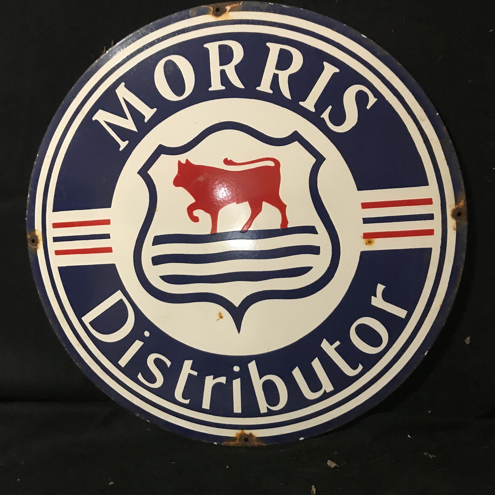 MORRIS DISTRIBUTOR GASOLINE ADVERTISING PORCELAIN ENAMEL SIGN 30 IN ROUND SS