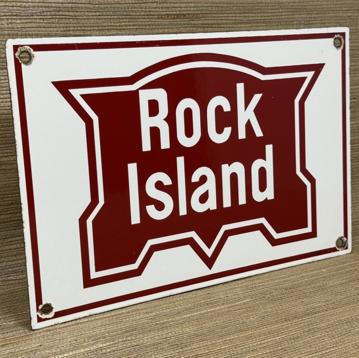 VINTAGE ROCK ISLAND RAILWAY PORCELAIN SIGN GAS OIL TRAIN STATION PUMP PLATE