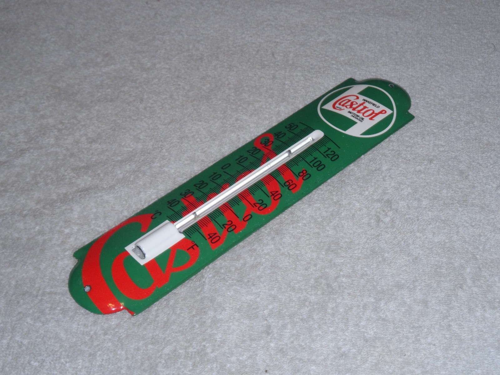 VINTAGE CASTROL WAKEFIELD MOTOR OIL 1′ PORCELAIN METAL GASOLINE THERMOMETER SIGN