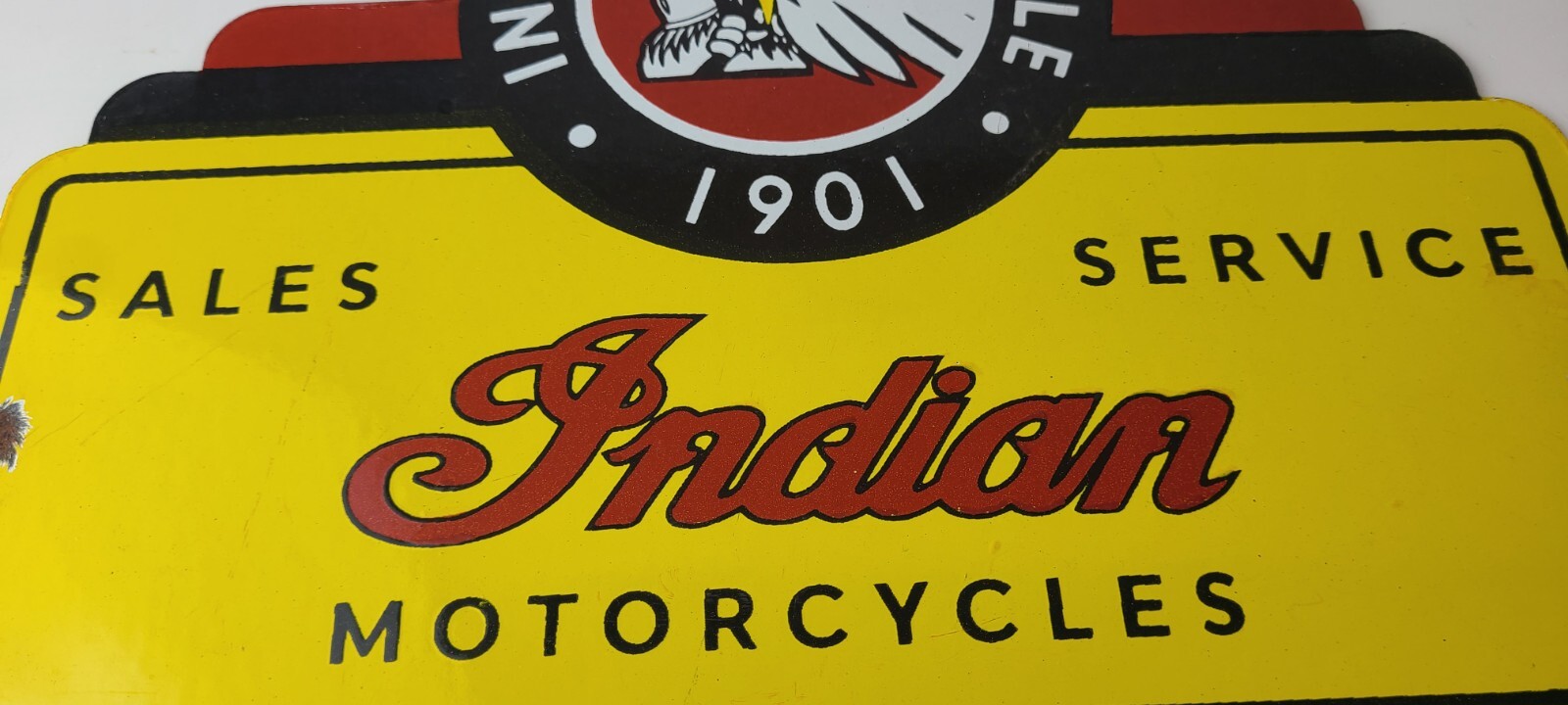 Vintage Indian Motorcycle Sign – Motor Bike Sales Service Parts Gas Enamel Sign