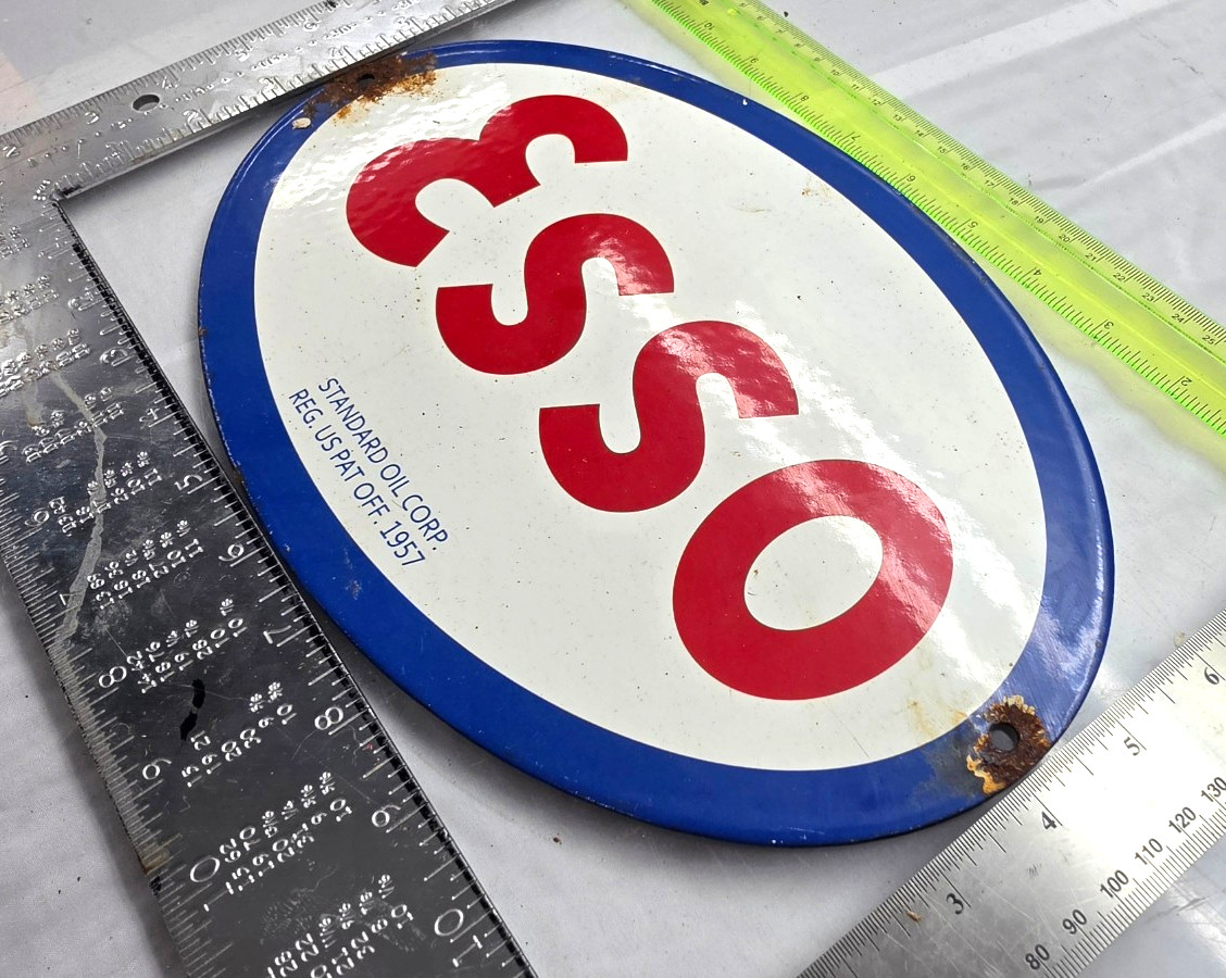 ESSO 12″ VINTAGE Genuine FLAT Gas Pump Plate Service Station Porcelain Sign