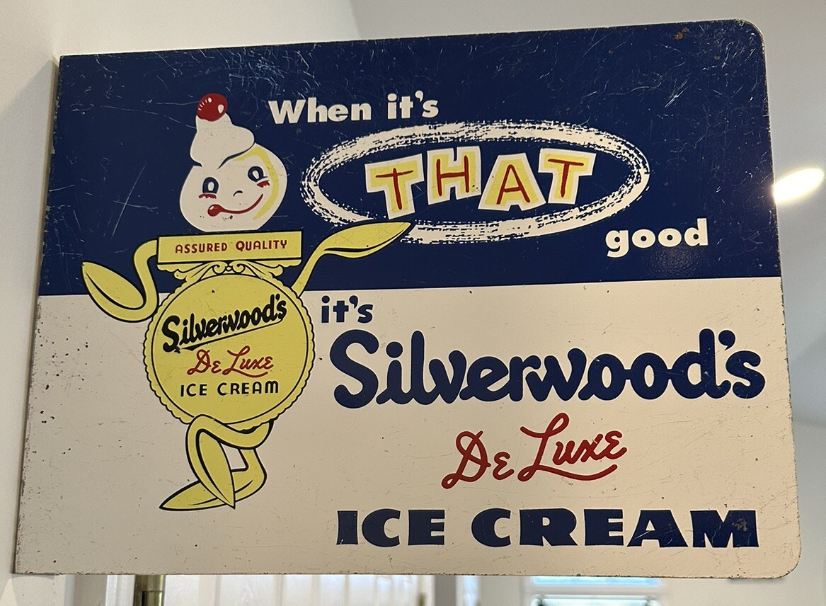 Silverwoods DeLuxe Ice Cream Painted Metal 2 Sided Flange Sign Stout Sign Co.