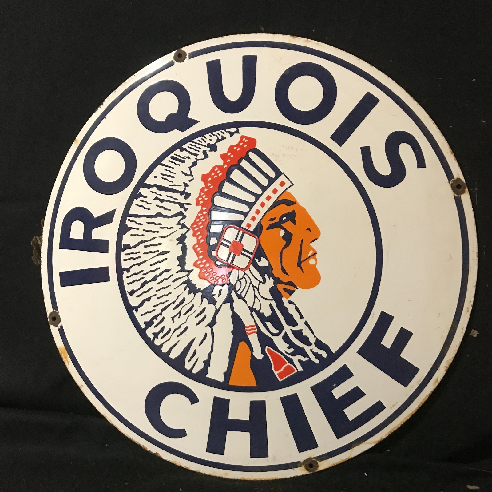 IROQUOIS CHIEF GASOLINE ADVERTISING PORCELAIN ENAMEL SIGN 30 IN ROUND SS