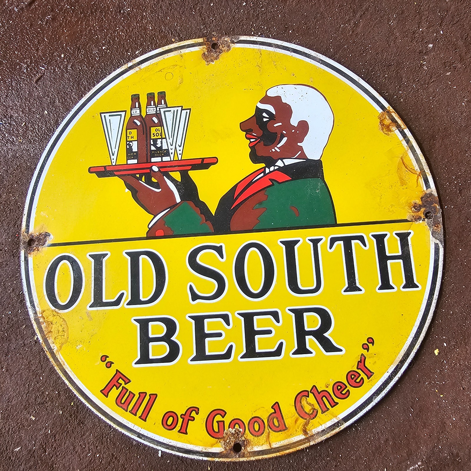 VINTAGE OLD SOUTH BEER GOOD CHEER GASOLINE OIL GAS PUMP ENAMEL PORCELAIN SIGN