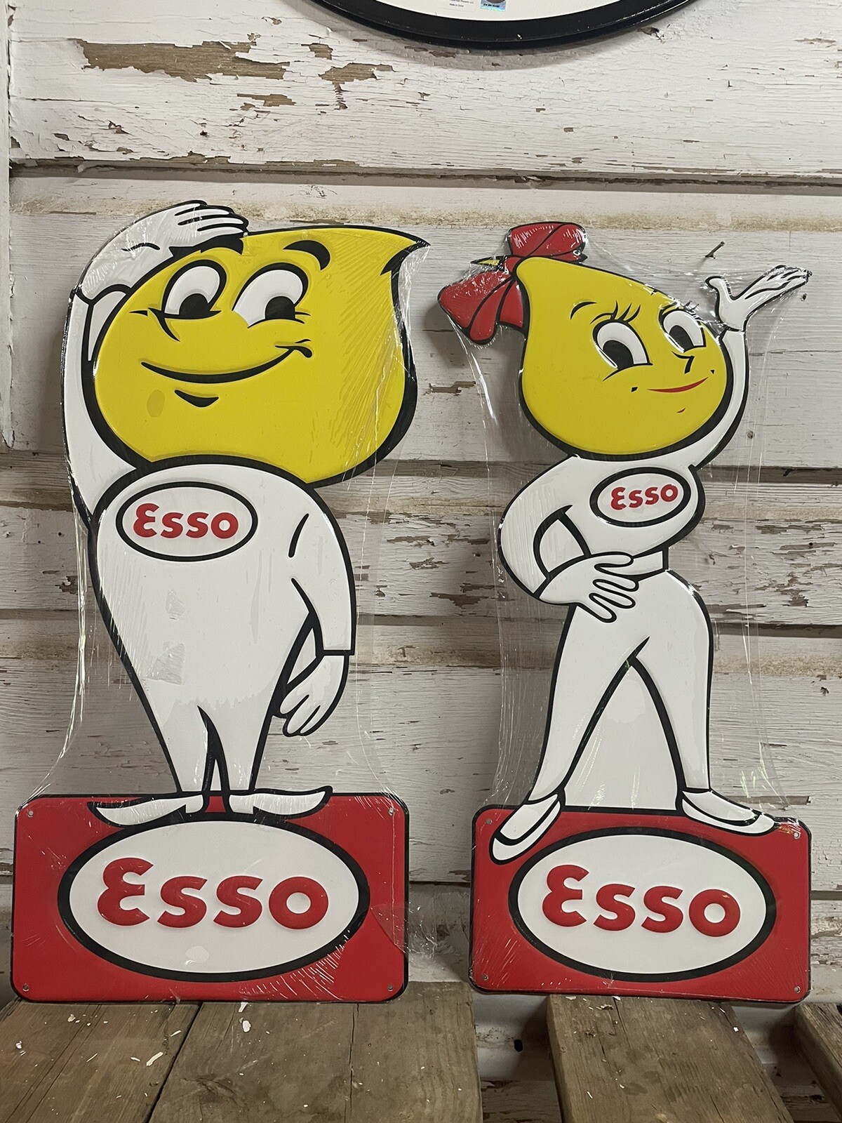 “ESSO BOY/GIRL OIL DROPS” EMBOSSED METAL SIGNS (23.5″x 9.5″) SET OF 2, NICE
