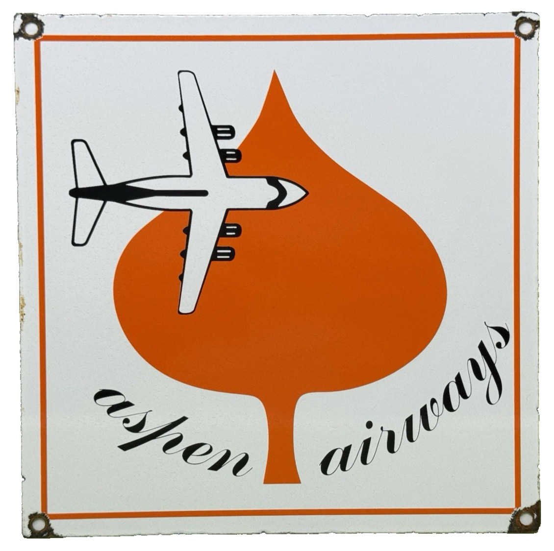 VINTAGE ASPEN AIRWAYS PORCELAIN SIGN GAS OIL AIRLINE AVIATION ORANGE LEAF PLANE