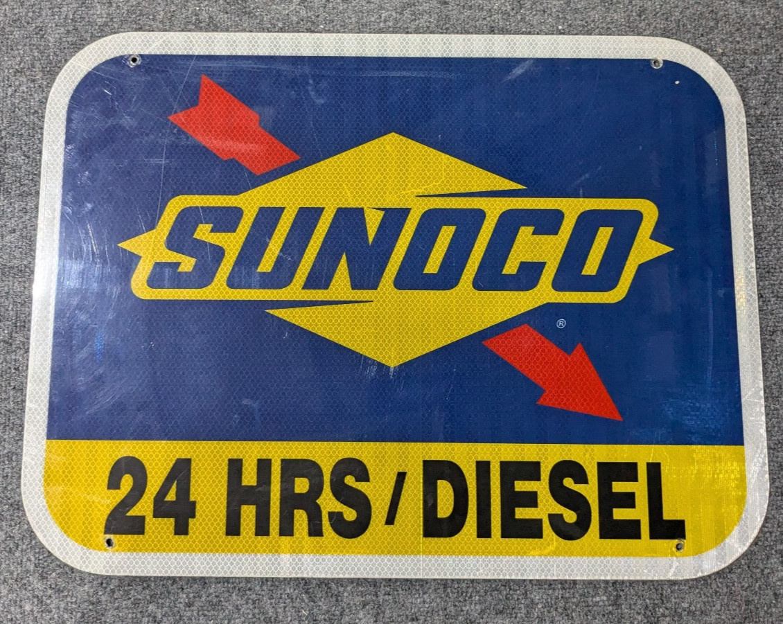 VTG Yellow Blue Metal Sunoco Logo 24 Hour Diesel Metal Sign Gas & Oil Advert