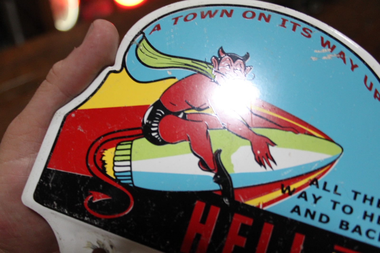RARE 1950s HELL MICHIGAN SATAN ROCKET STAMPED PAINTED METAL PLATE TOPPER SIGN