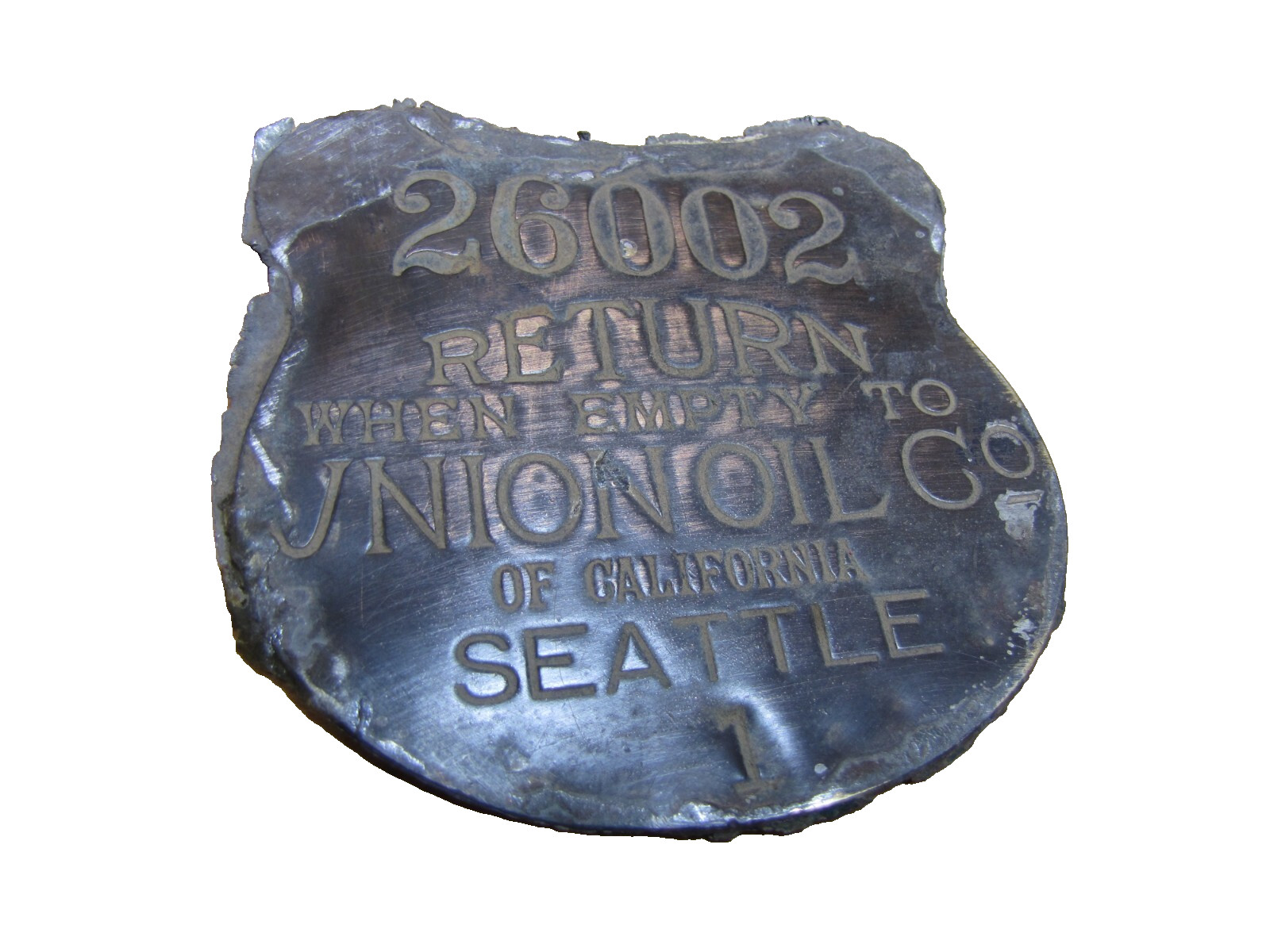 RETURN TO UNION OIL Co OF CALIFORNIA SEATTLE Old Gas Oil Can Ad Sign Nameplate