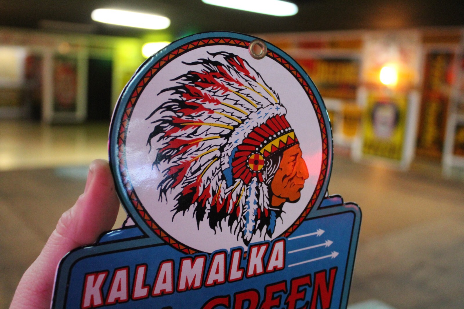 KALAMALKA BLU-GREEN GASOLINE DEALER PORCELAIN METAL SIGN GAS OIL FORD INDIAN