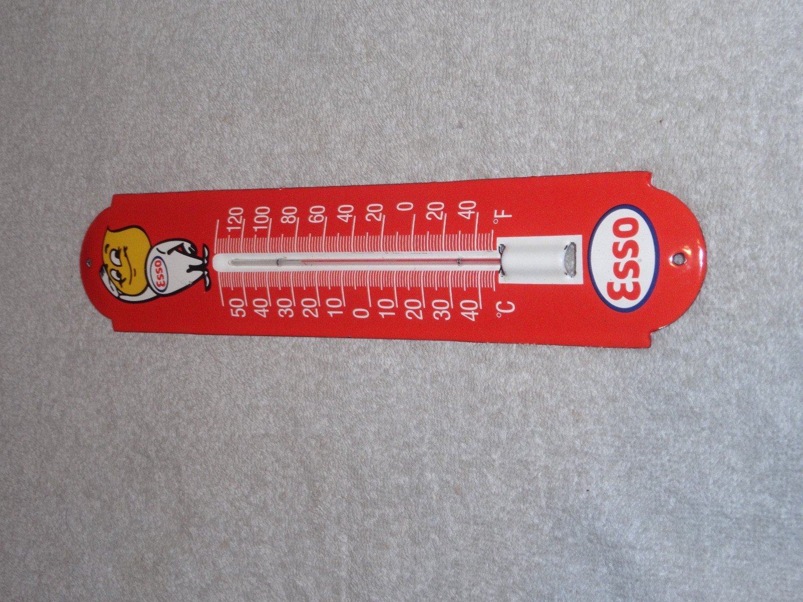 VINTAGE ESSO OIL DROP BOY 12″ PORCELAIN METAL GASOLINE SERVICE THERMOMETER SIGN!