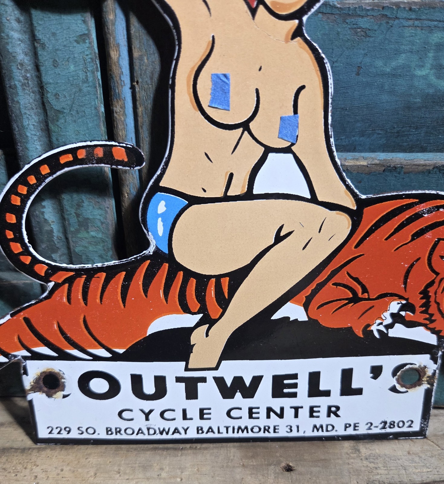 VINTAGE BOUTWELL’S CYCLE CENTER 9” PORCELAIN MOTORCYCLE DEALER SIGN PINUP