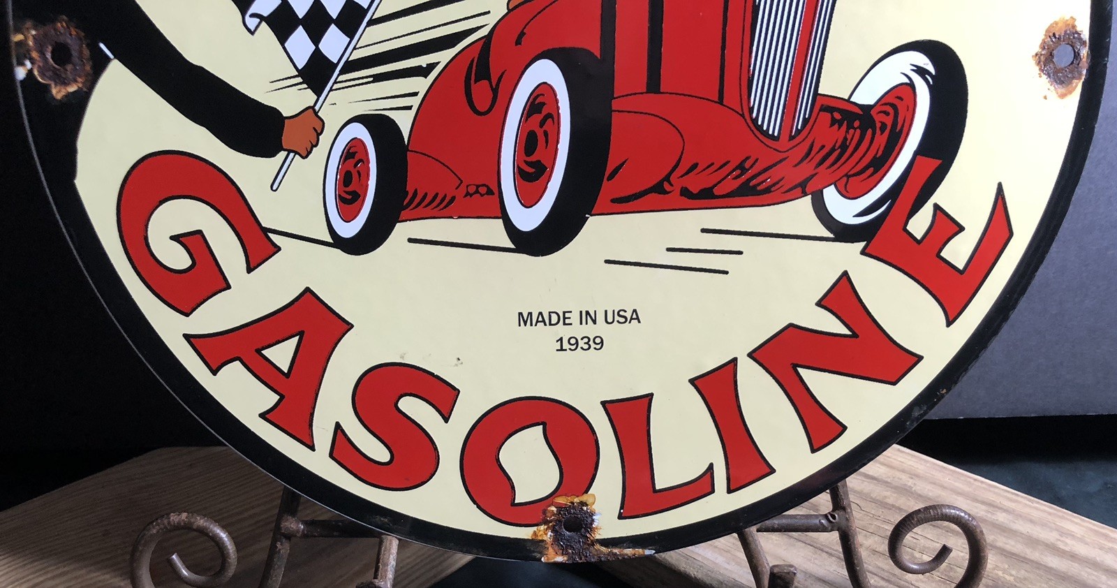 VINTAGE 1939 DATED GILMORE GASOLINE RECORD BREAKER PORCELAIN GAS OIL SIGN
