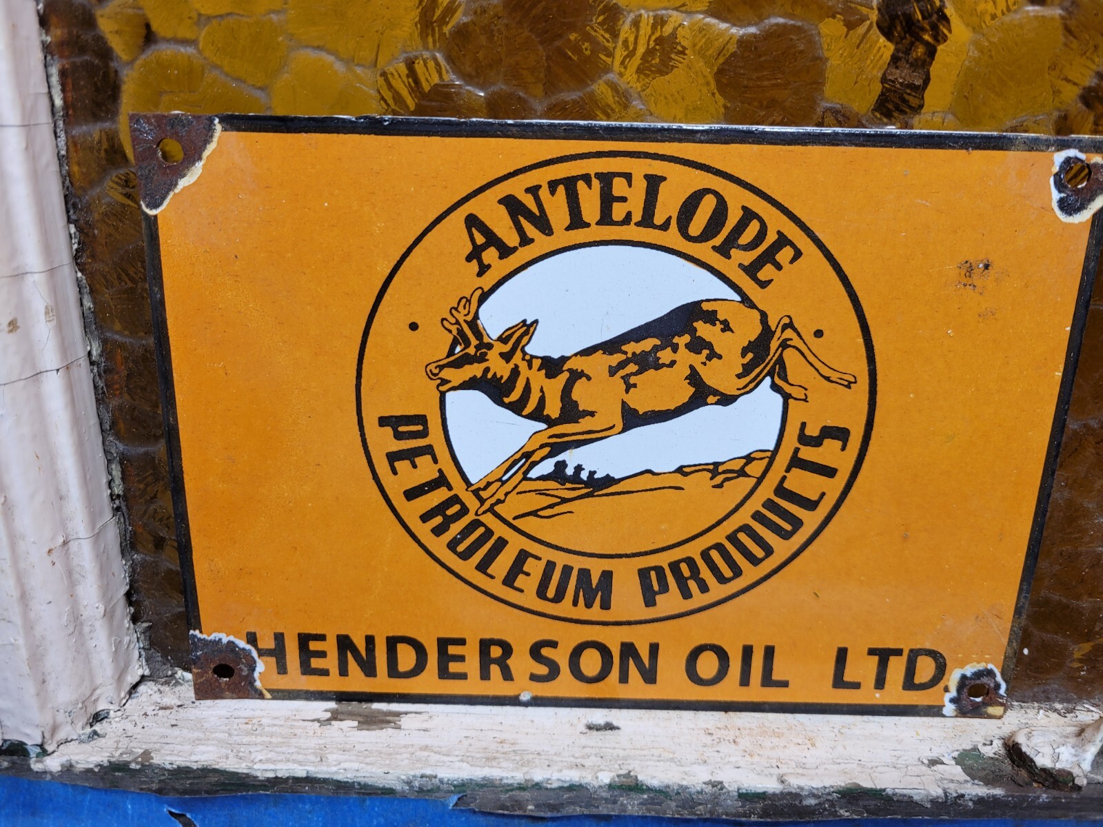 VINTAGE ANTELOPE PETROLEUM PORCELAIN SIGN OLD HENDERSON MOTOR OIL GAS ENGINE