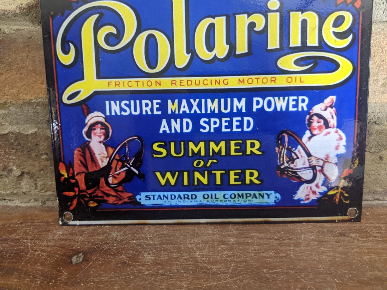 VINTAGE RED CROWN GASOLINE & POLARINE PORCELAIN GAS STATION SIGN 12″ X 8″