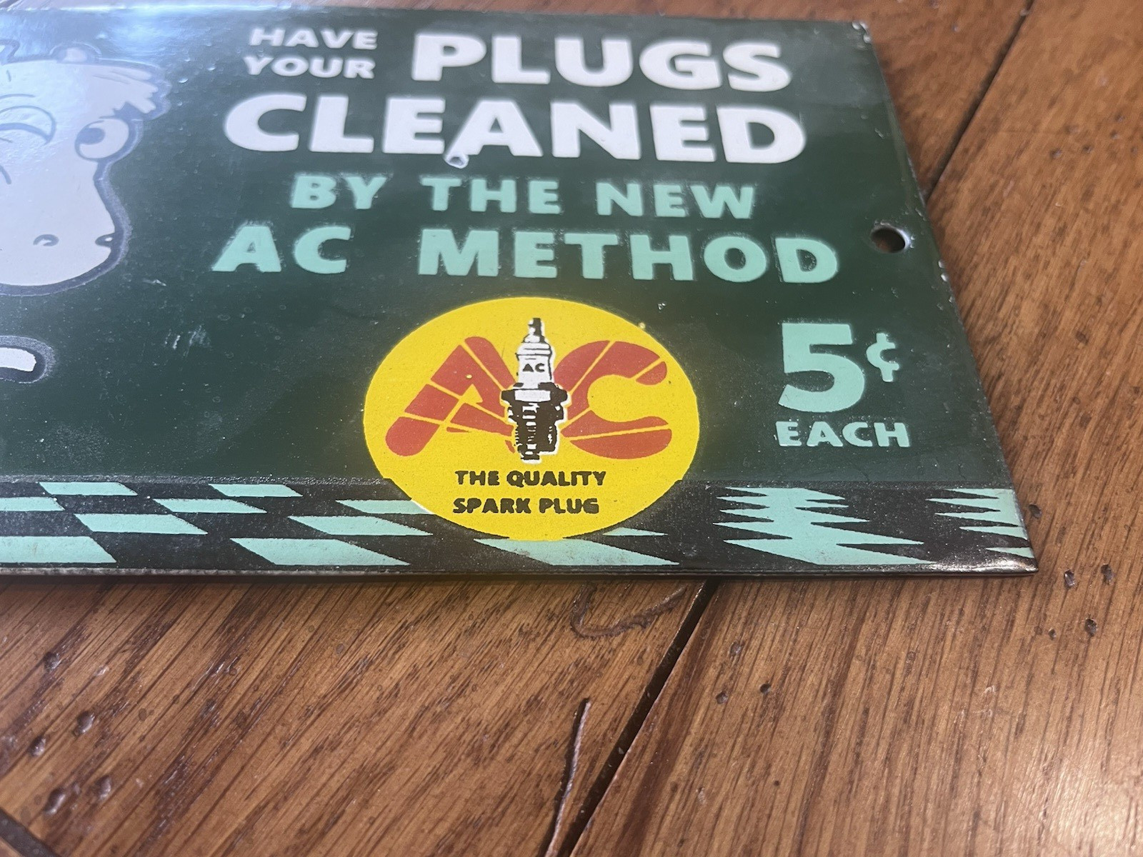 NICE AC QUALITY SPARK PLUG PORCELAIN ENAMEL SIGN 5″X12″ HAVE YOUR PLUGS CLEANED