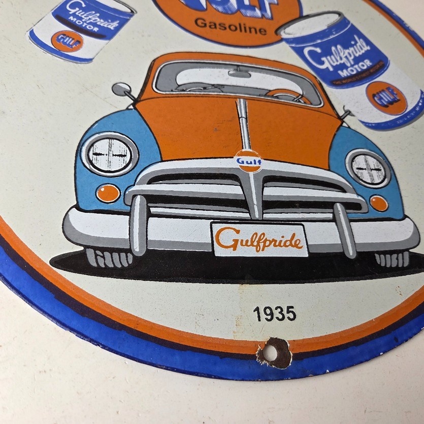 Vintage Volkswagen Bug Gulf Gasoline Sign – Gas Pump Station Porcelain Sign