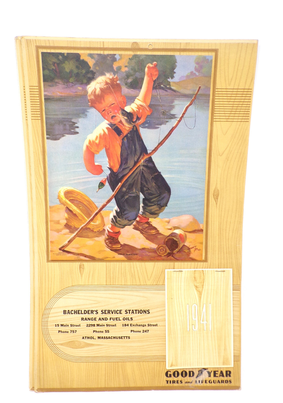 Bachelder Oil Gas Calendar 1941 Goodyear Tires Athol Massachusetts Boy Fishing