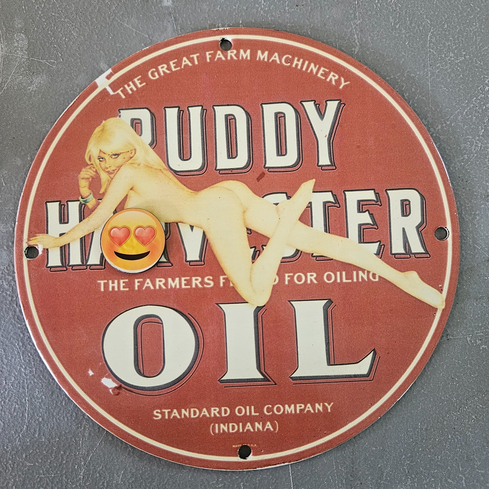 VINTAGE PORCELAIN PIN UP GAS & OIL STATION PUMP PLATE GARAGE MAN CAVE SIGN