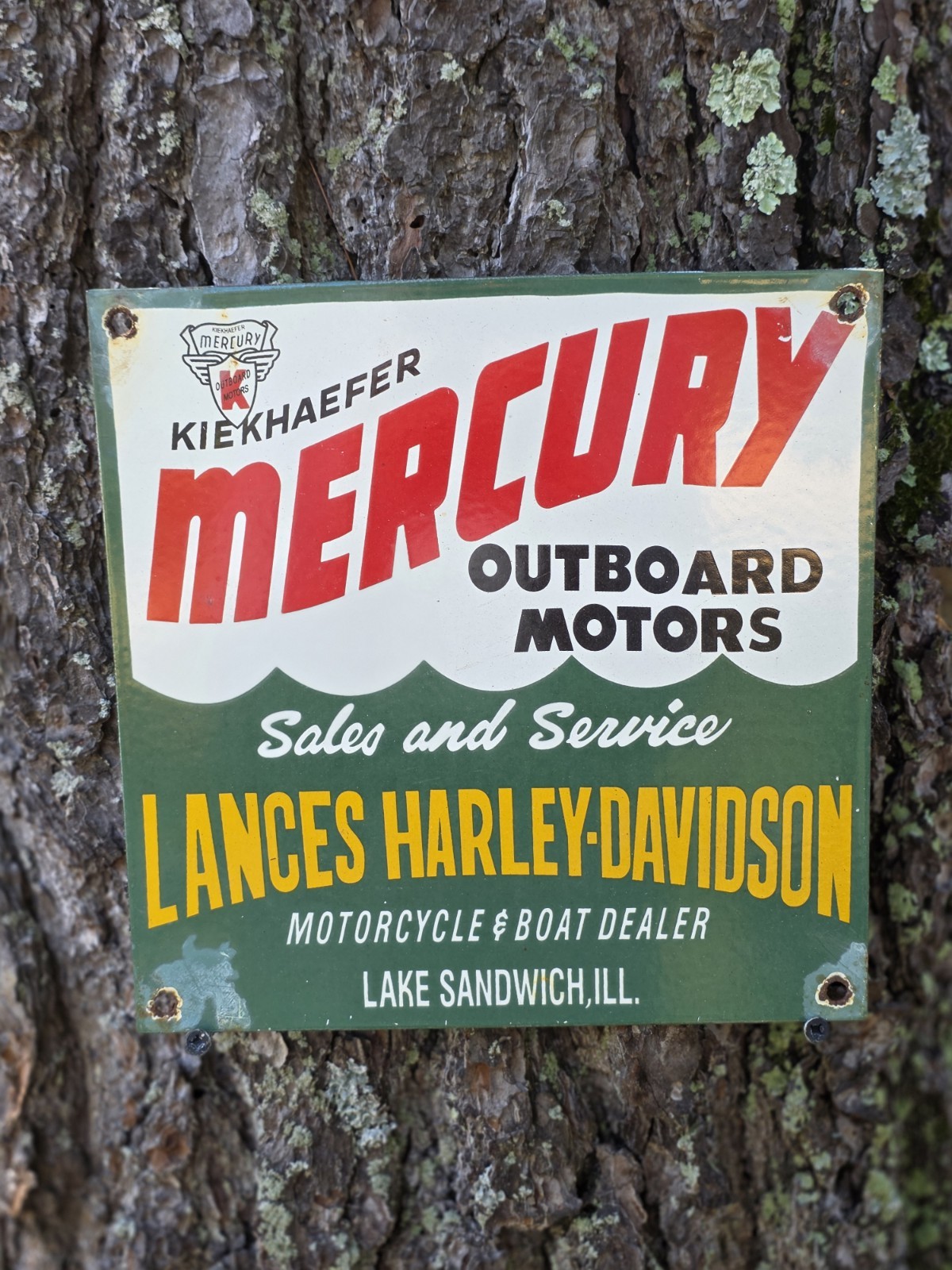 VINTAGE MERCURY OUTBOARD MOTORS PORCELAIN SIGN , LAKE SANDWICH, ILL 9X9
