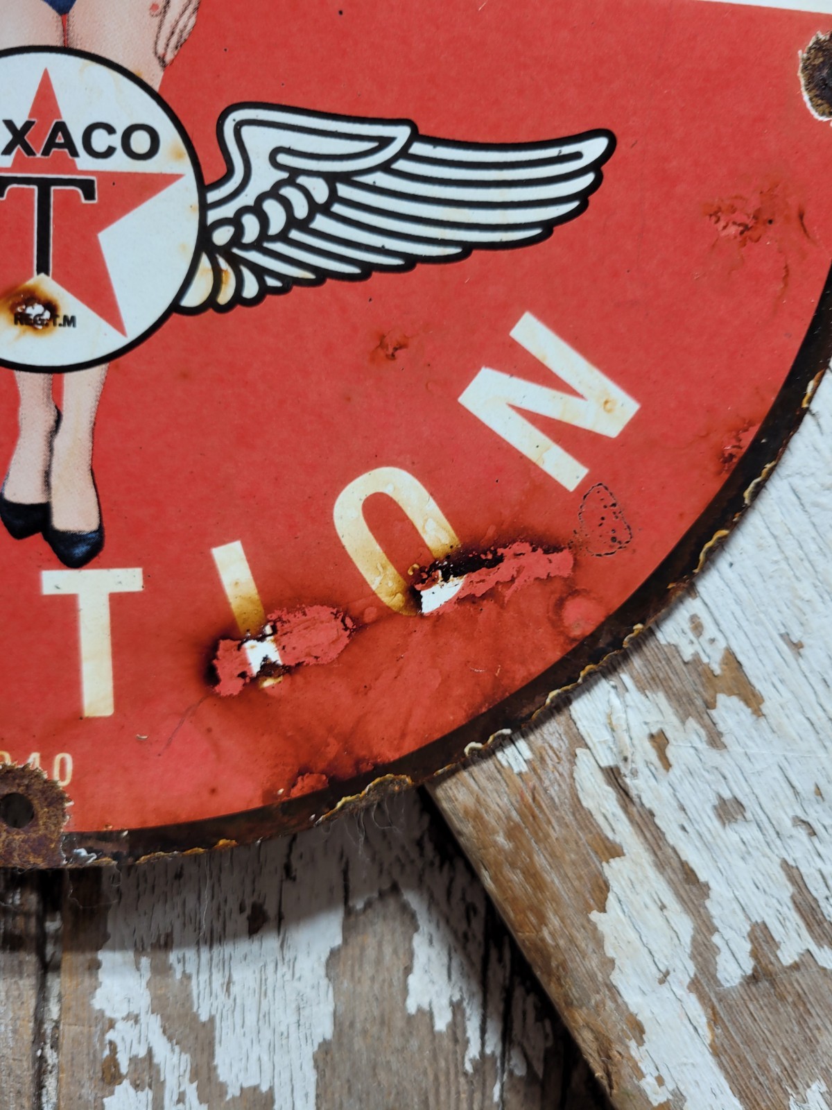 VINTAGE TEXACO PORCELAIN SIGN OLD 12″ AVIATION GAS MOTOR OIL WOMAN PILOT SAILOR