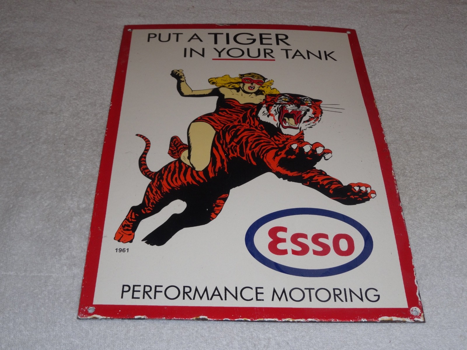 VINTAGE 1961 ESSO CAT WOMAN RIDES TIGER BATMAN & ROBIN MOVIE SHOW PORCELAIN SIGN