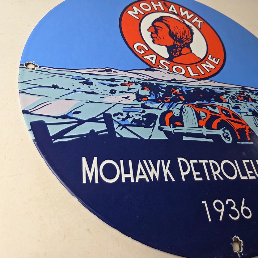 Vintage Mohawk Gasoline Sign – Porcelain American Indian Gas Motor Oil Pump Sign
